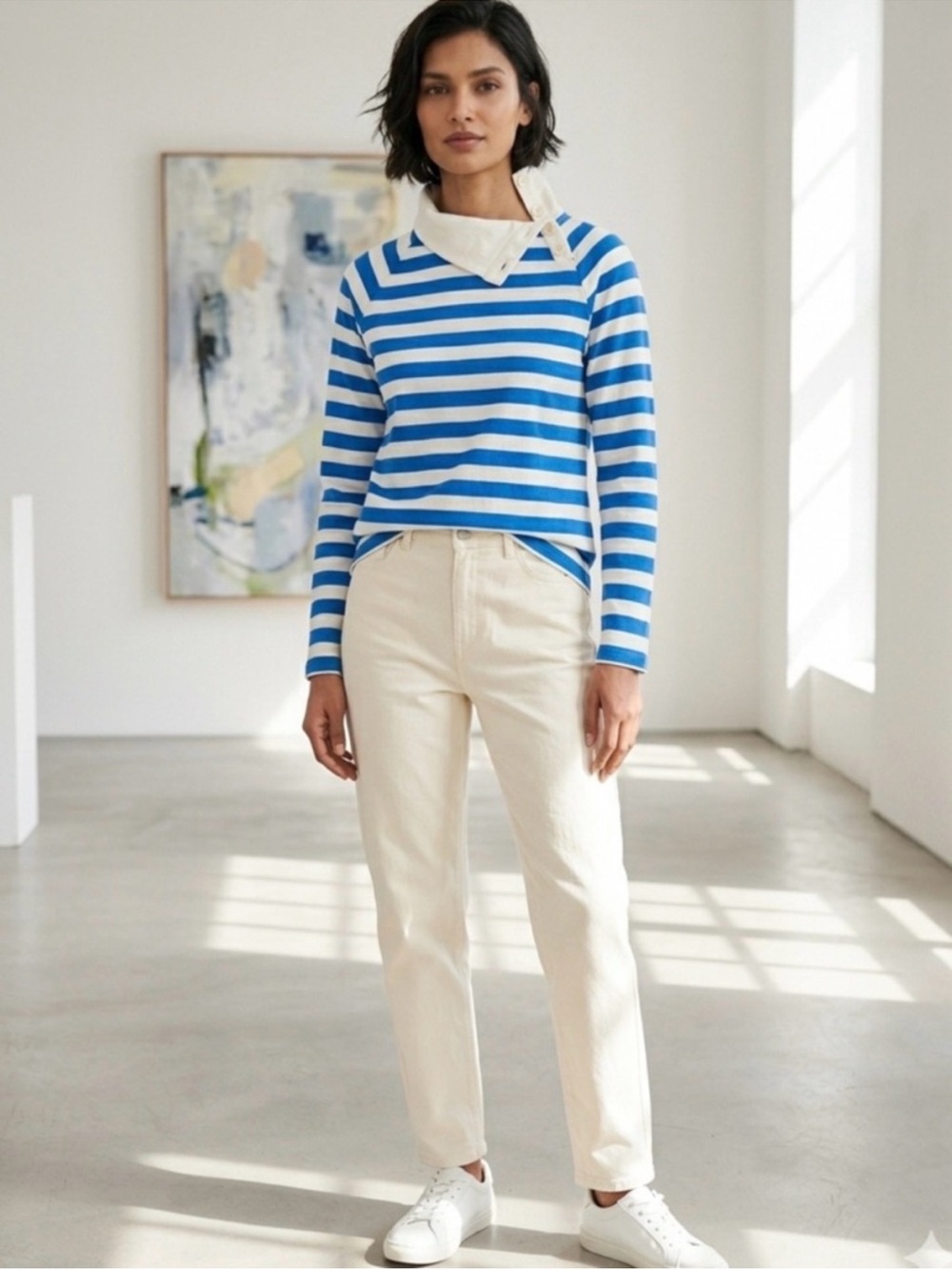 J.Crew Striped Wide Button-Collar Pullover Sweatshirt - Santorini Blue SU 24’